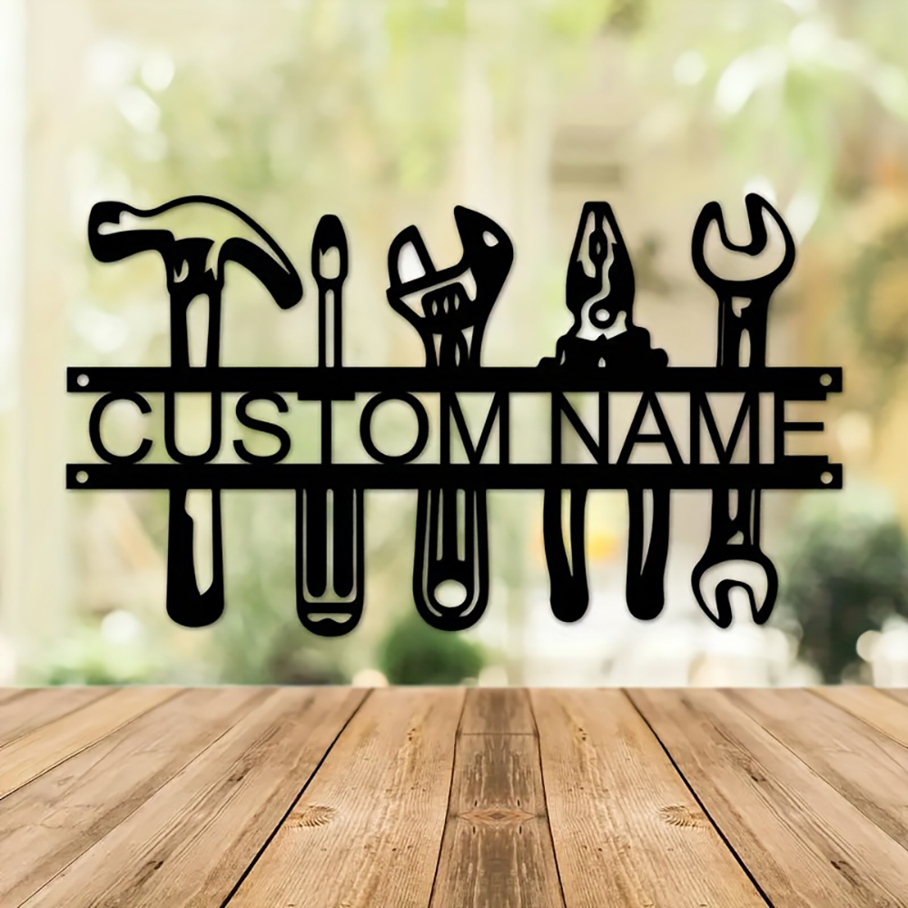 Workshop Tools And Names - ป้ายโลหะตกแต่งผนังสไตล์อินดัสเทรียล ดีไซน์เครื่องมือช่าง ทำจากเหล็ก ตกแต่งบ้านและโรงรถ ตกแต่งห้องทำงาน