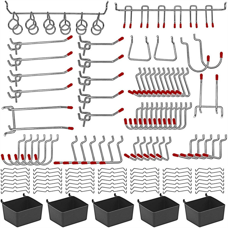 Workshop Tools On Wall - ชุดตะขอแขวนแบบเพ็กบอร์ด 114 ชิ้น ตะขอโลหะสำหรับจัดระเบียบเครื่องมือในโรงรถหรือห้องทำงานบนแผงผนัง