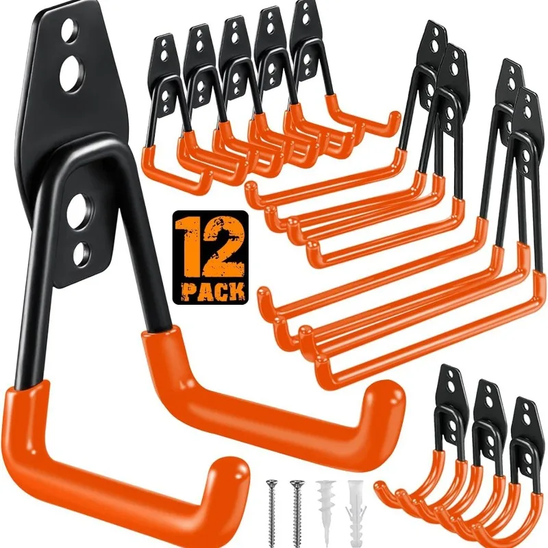 Workshop Tools On Wall - ชุดตะขอแขวนอเนกประสงค์สำหรับจัดเก็บในโรงรถ 12 ชิ้น – ที่แขวนติดผนังแบบแข็งแรงทนทานสำหรับเครื่องมือทำสวน อุปกรณ์