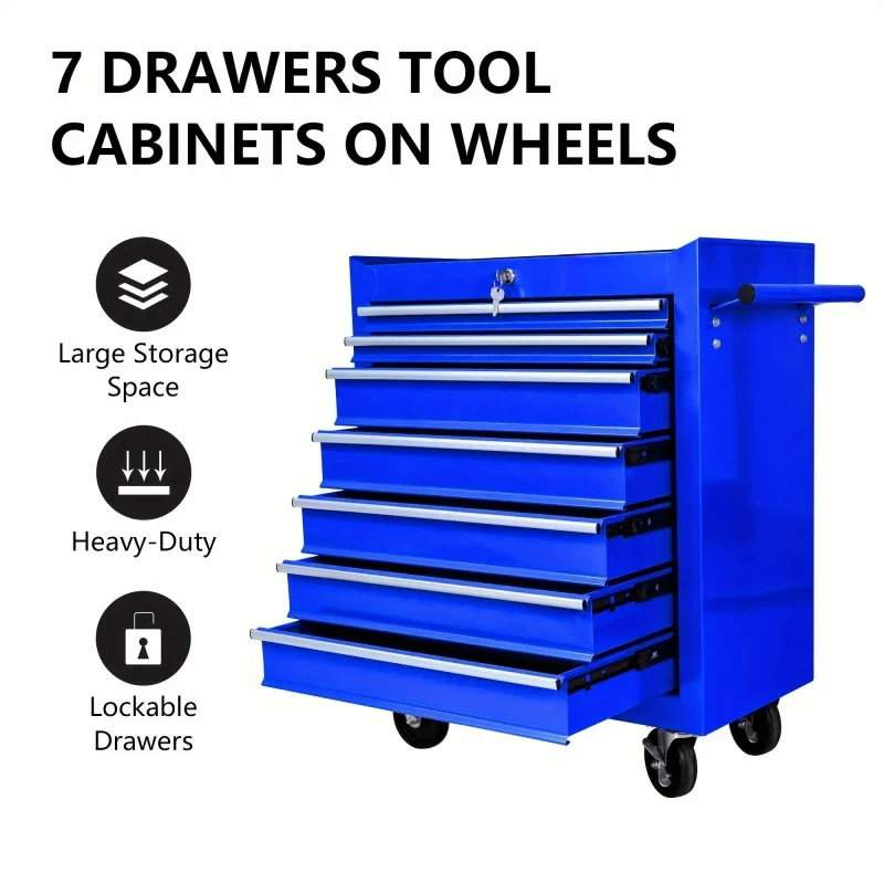 Car Workshop Tools Kit - รถเข็นเครื่องมืออเนกประสงค์สีน้ำเงิน 7 ลิ้นชักพร้อมล้อ, รถเข็นเครื่องมือซ่อมรถยนต์, ตู้เก็บเครื่องมือสำหรับงานซ่อม