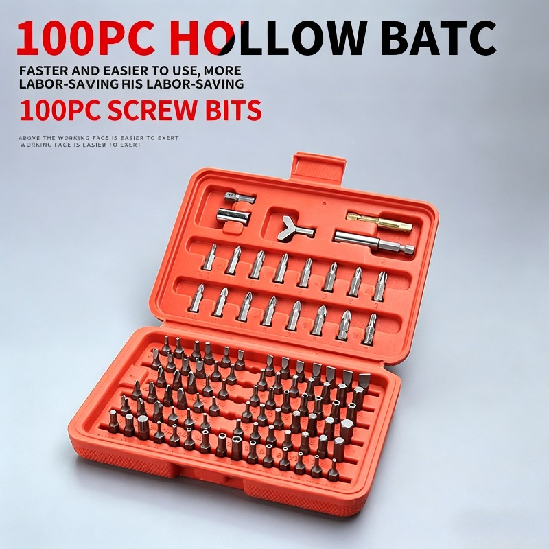 Car Workshop Tools Kit - ชุดดอกไขควง 100 ชิ้น, ชุดดอกไขควงแบบกลวงพร้อมด้ามต่อสำหรับสว่านและใช้งานในบ้าน, รถยนต์, โรงงาน,
